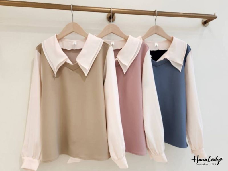 WQA46 假兩件層刺領配色上衣 