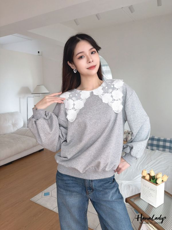 WJA29 浪漫蕾絲玫瑰刺繡領上衣 