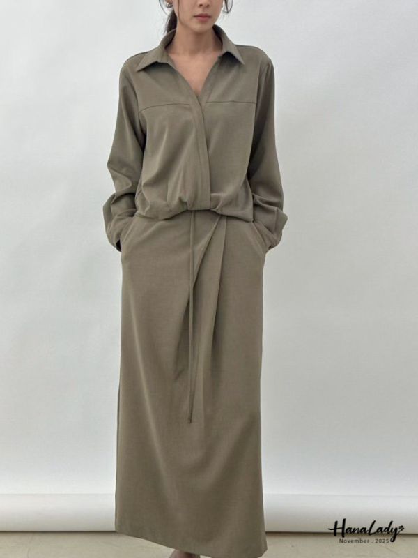 WJB04 氣質壓摺後開衩長裙 