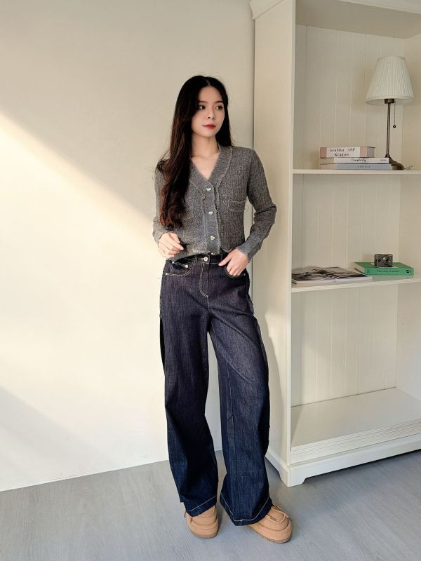 WQA12 燈心絨黑邊長腿丹寧褲 