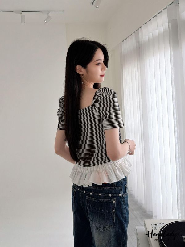 LFA31 條紋裙擺設計方領上衣 
