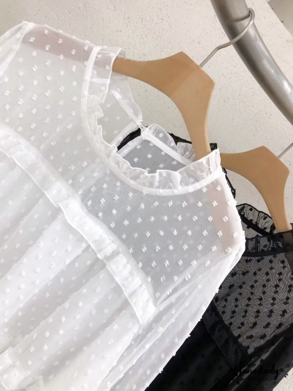 WJA39 日系透袖領層次波點上衣 