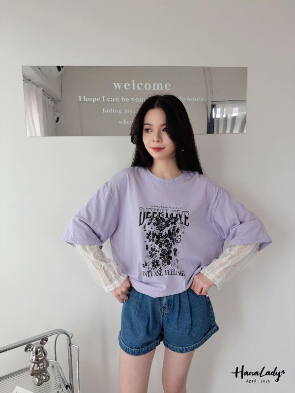 LFA95 假兩件蕾絲袖設計長版T 