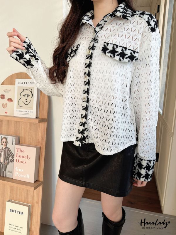 WQA38 千鳥紋配色簍空小花上衣 