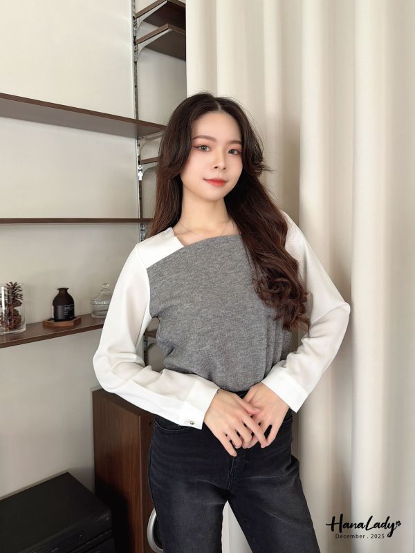 WQA96 俐落小方領針織拼接雪紡衫 