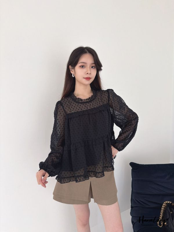 WJA39 日系透袖領層次波點上衣 