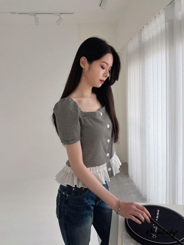 LFA31 條紋裙擺設計方領上衣 