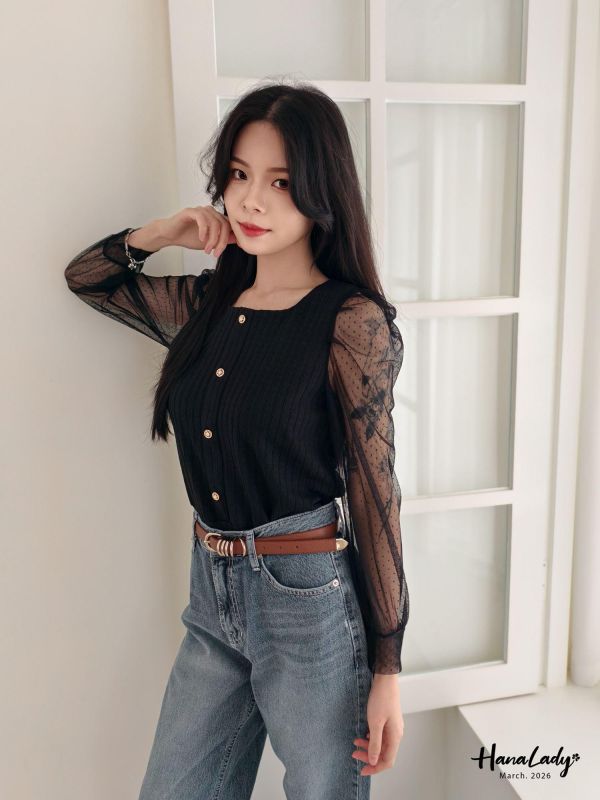 LSA19 蕾絲點點透袖針織上衣 