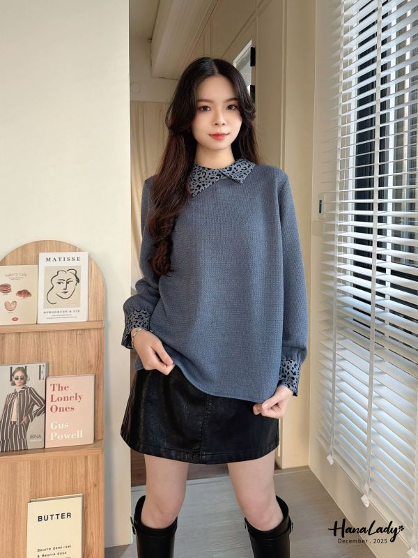 WQA54 豹紋雪紡拼接針織上衣 