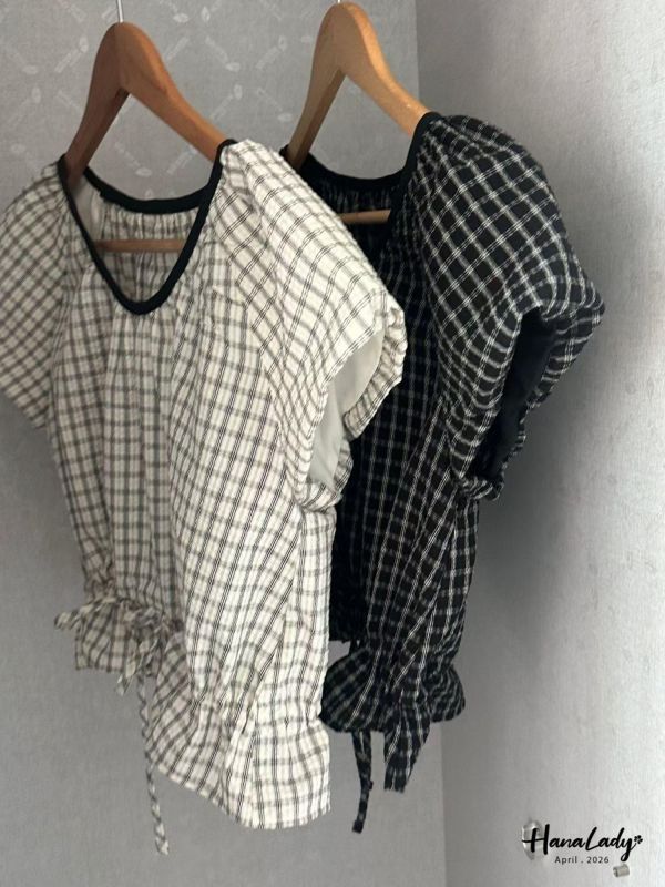 LFB09 格紋下綁結短版上衣 