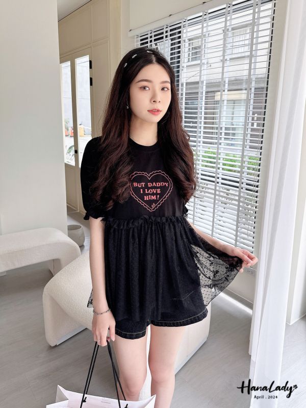FFA20接紗花邊愛心圓領T 