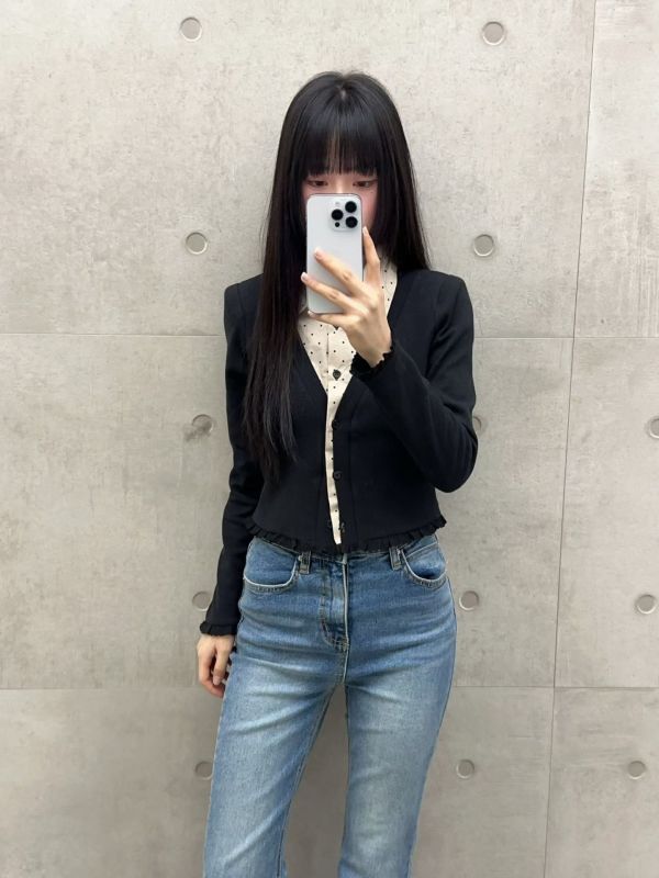 WQB62 點點拼接假兩件針織上衣 