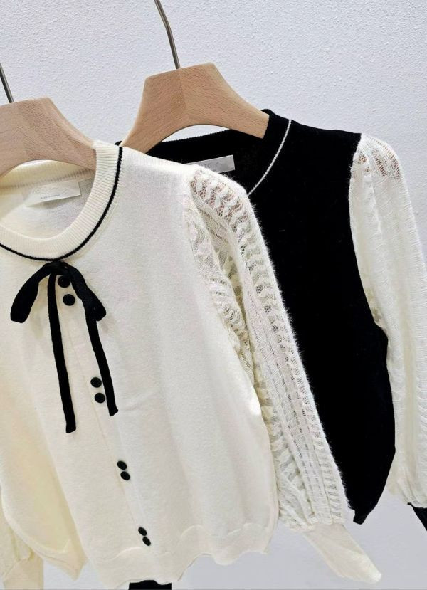 WQA29 蕾絲簍空透袖綁帶上衣 