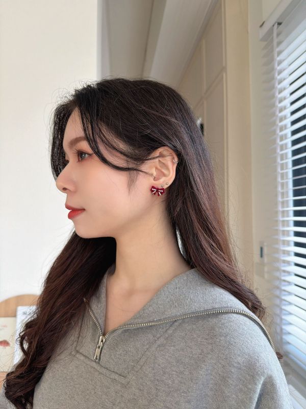 WQB44 毛呢珍珠細鑽蝴蝶結耳環 