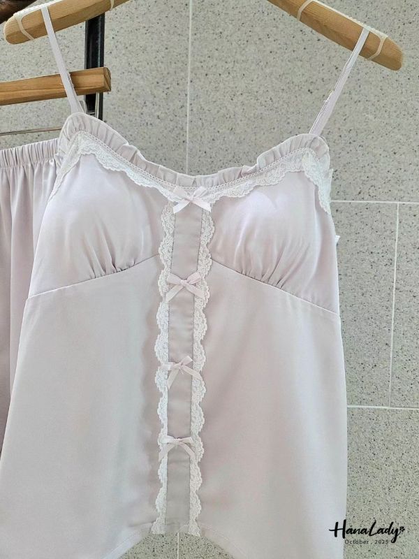 WTA96 緞面蝴蝶結蕾絲睡衣套裝 