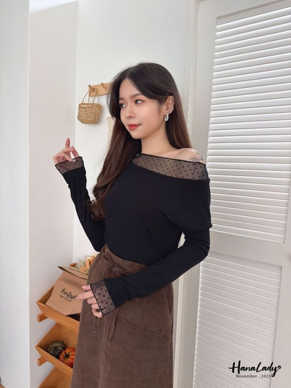 WJA89 點點紗針織寬領上衣 