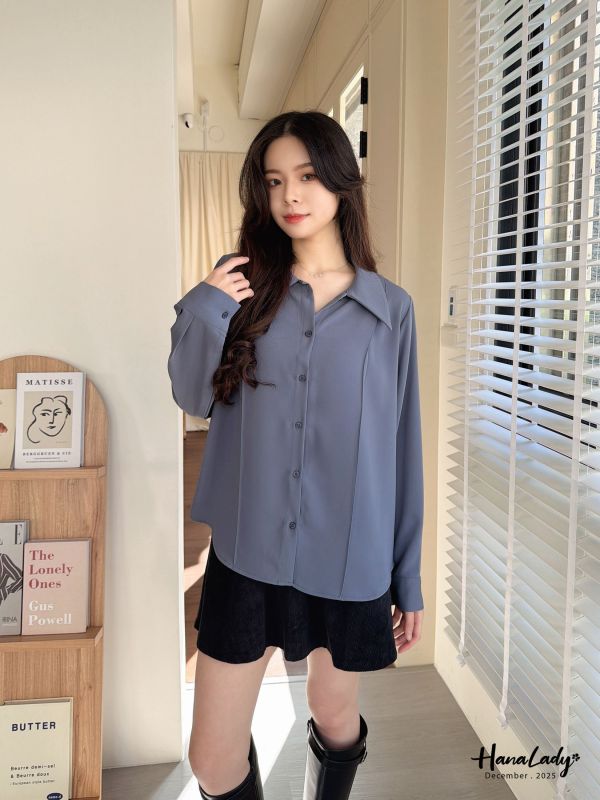 WQA97 簡約三角領車線雪紡衫 