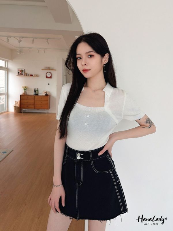 LFA63 雙釦車線顯瘦A字版丹寧褲裙 