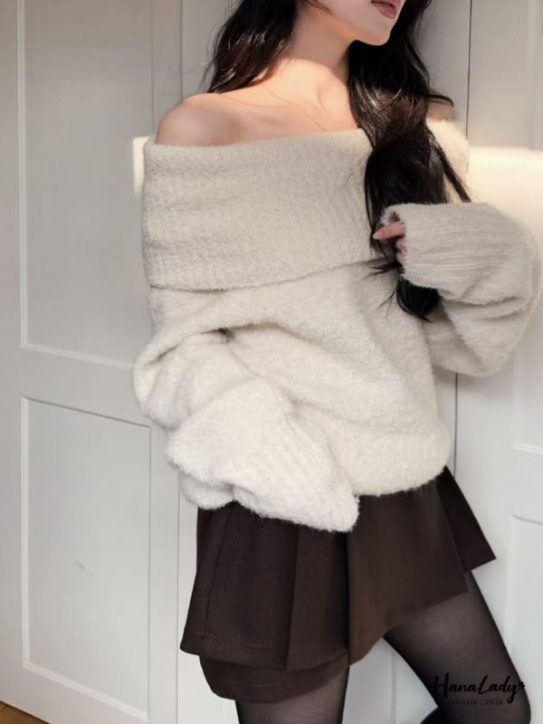 LEB16 浪漫一字領嫩Q針織上衣 