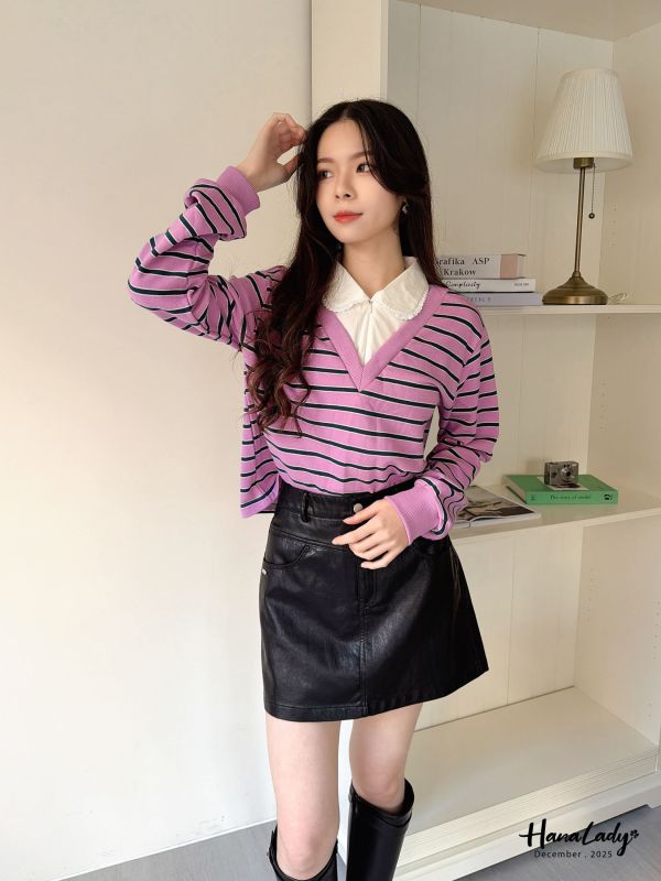 WQA32 假兩件條紋襯衫領上衣 