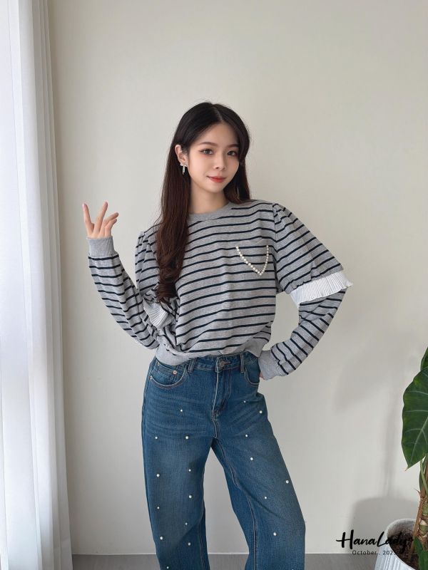 WTA02 愛心珍珠口袋條紋T 