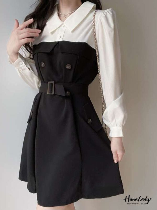 WJA46 知性拼色收腰雪紡短洋 