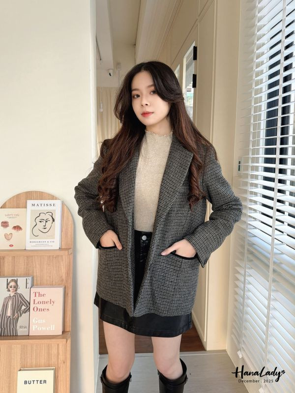 WQA79 燈心絨反摺袖格紋羊毛西外 