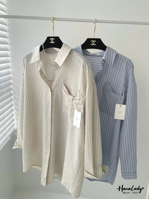 WSA84 口袋蝴蝶結直條紋襯衫 