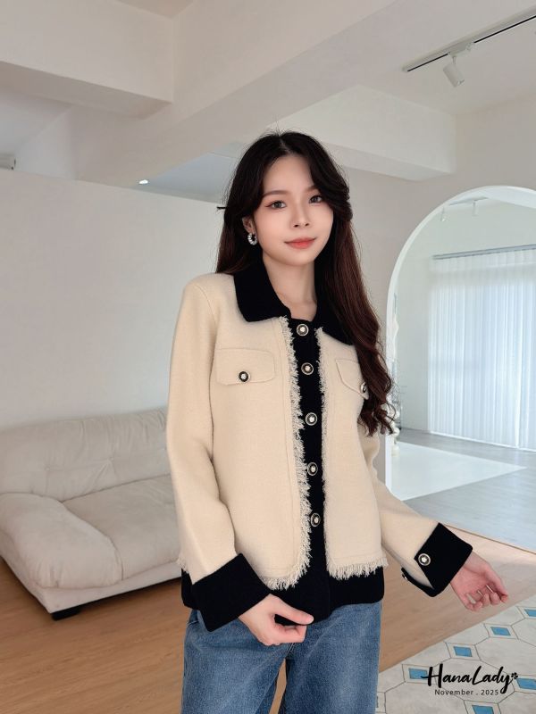 WJB09 精緻造型釦拼色針織外 