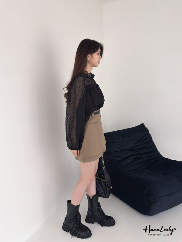 WJA39 日系透袖領層次波點上衣 