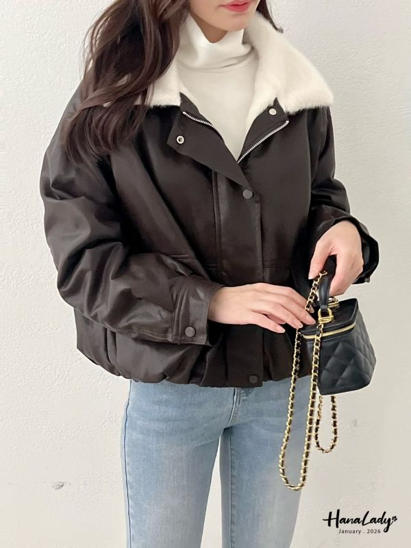 LEA65 率性毛毛領柔軟皮革外 