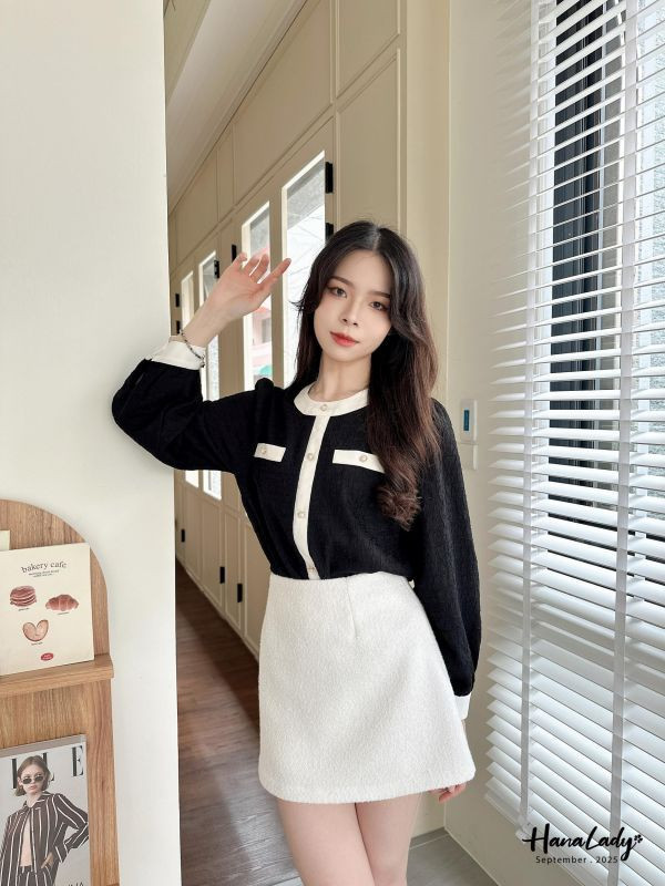 WKA19 餅乾布珍珠釦小香風上衣 