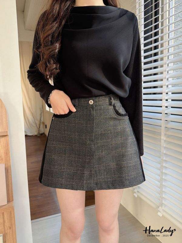 WQA11 質感磨毛格紋布顯瘦黑邊褲裙 