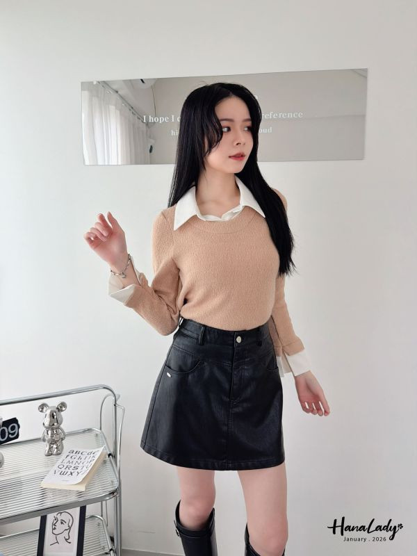 LEA29 假兩件襯衫領針織上衣 