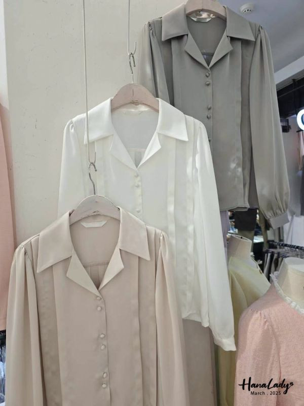 WSA71 雙釦翻領緞面雪紡衫 