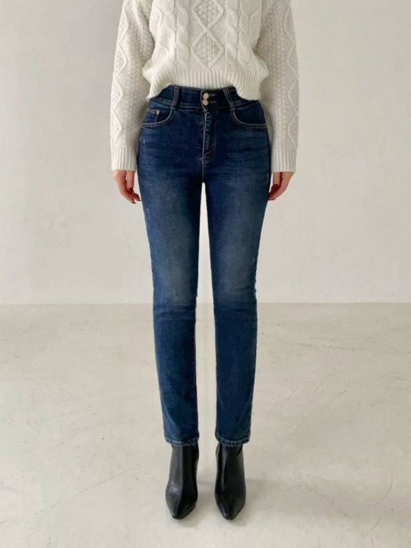 WQB65 顯瘦雙釦設計內磨毛丹寧褲 