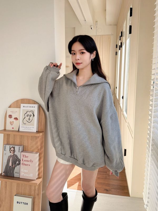 WQA67 簡約拉鍊內刷毛長版T 