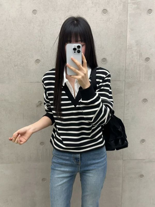 WQA32 假兩件條紋襯衫領上衣 