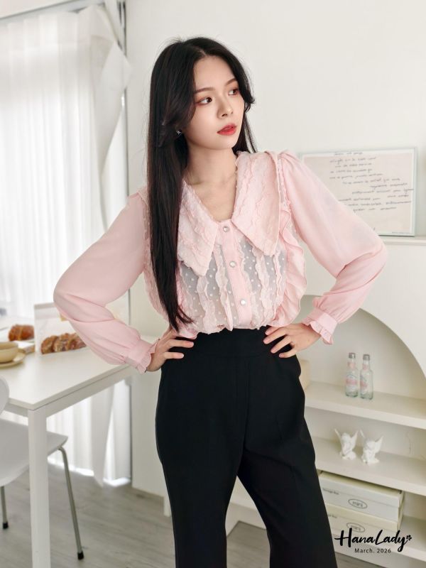 LSA20 浪漫蕾絲鑽石釦雪紡衫 