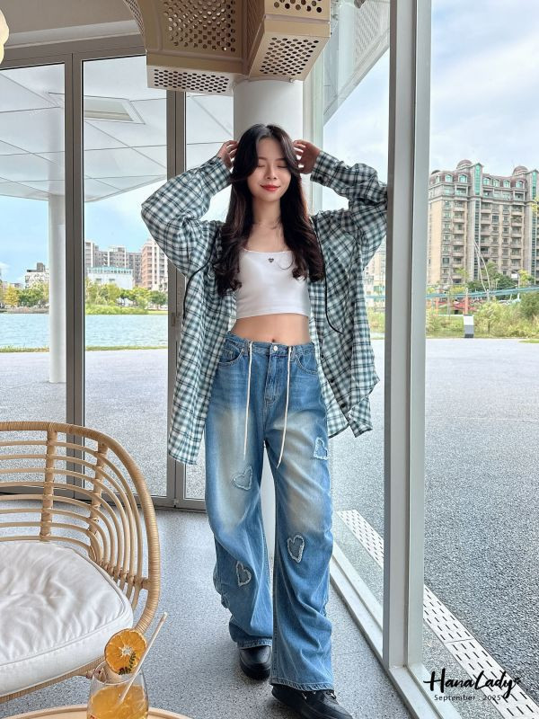 WKA83 抽繩愛心毛鬚抽繩丹寧褲 