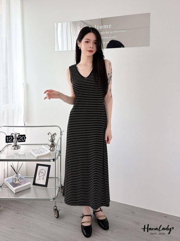 LFA84 涼感綁帶設計條紋長洋 