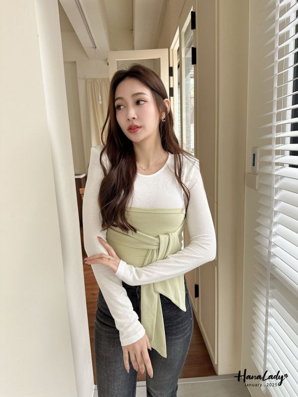 WEA81 舒服混棉綁帶假兩件上衣 