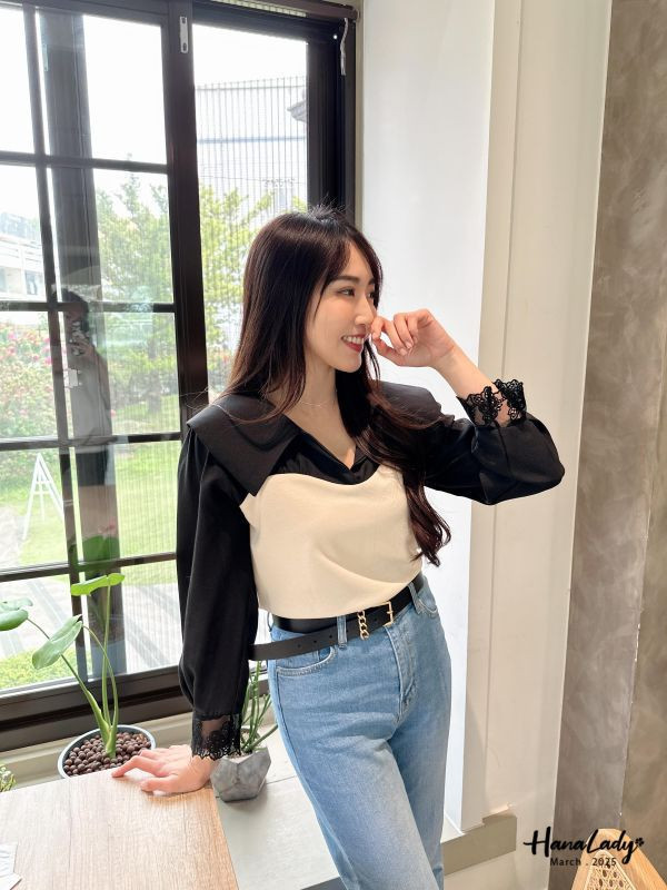 WSA58 美美袖拼接蕾絲翻領杉 