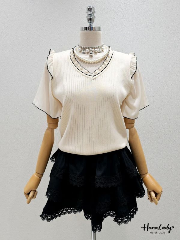 LSA06 浪漫雪紡滾邊V領針織上衣 