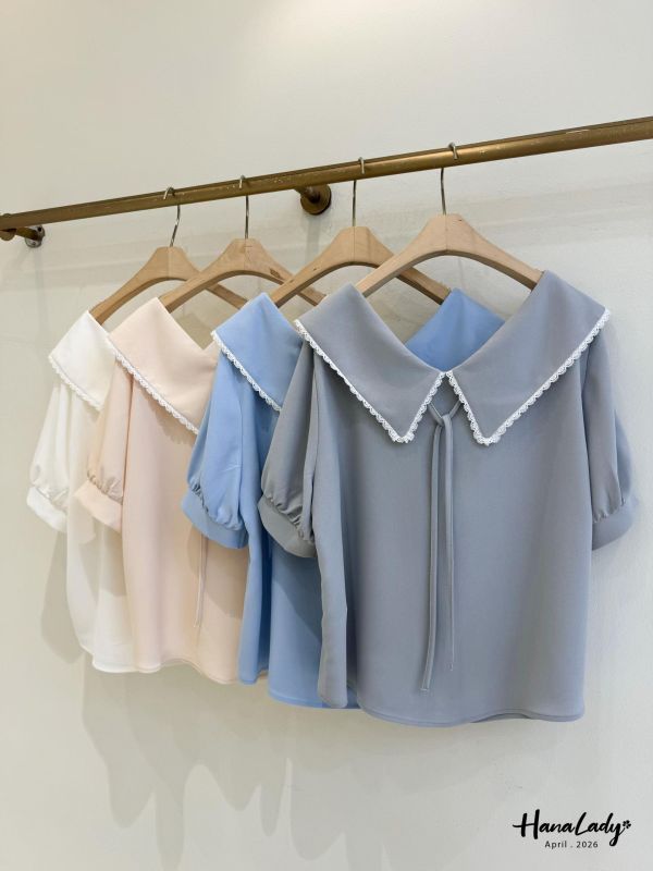 LFA11 甜美蕾絲邊翻領雪紡上衣 