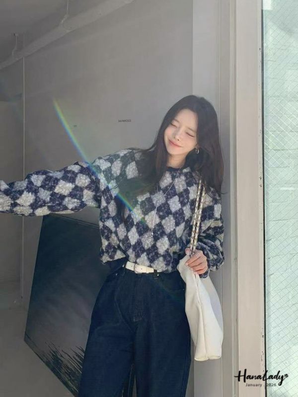 LEA99 灰藍菱格紋毛料針織上衣 