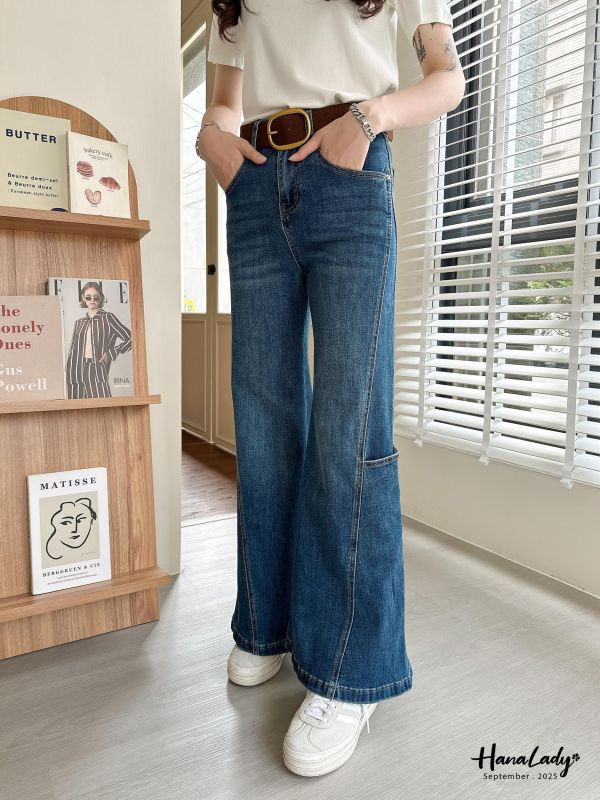 WKA59 復古麂皮腰帶喇叭丹寧褲 