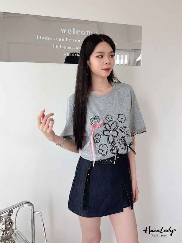 LFA08 刺繡花朵珍珠緞帶T 