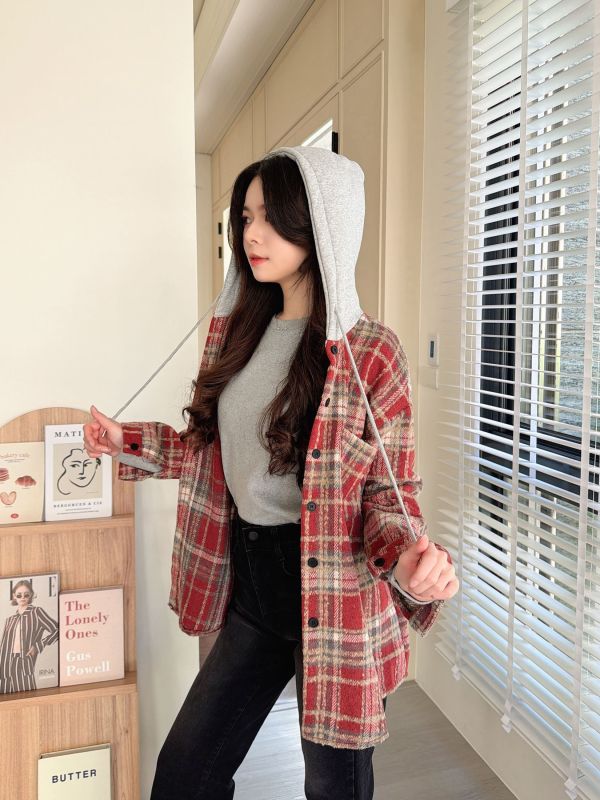 WQA94 配色格紋連帽長版外 