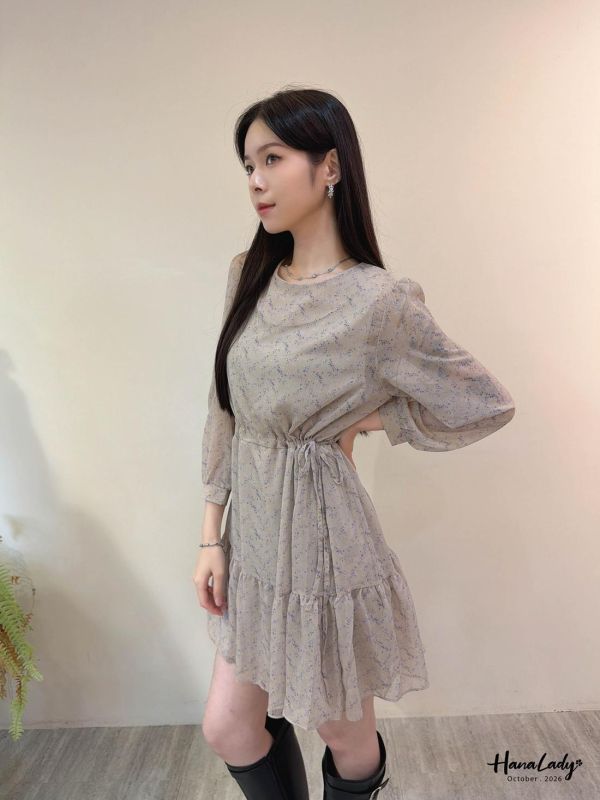 LTA50 浪漫碎花側綁結雪紡洋裝 